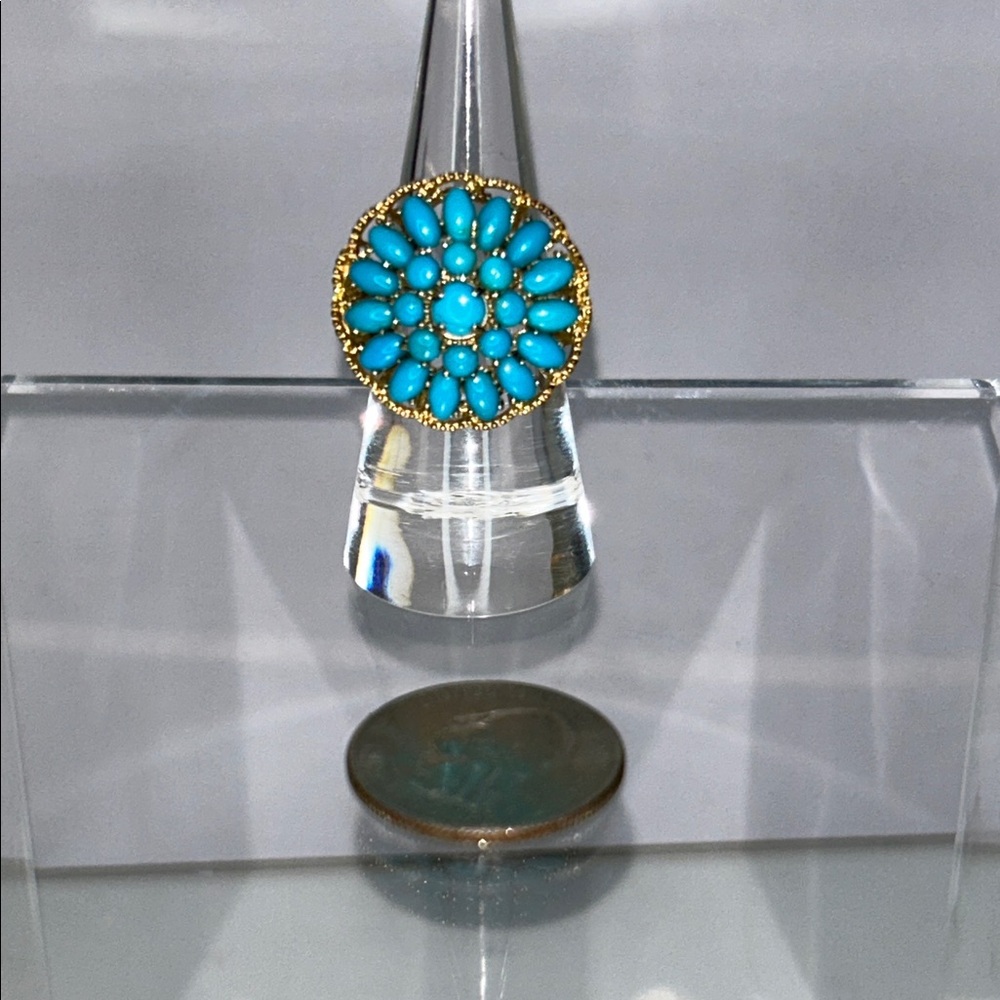 NWOT Genuine Turquoise Gemstone Gold Plated Sterling Silver Designer Ring Boho - Picture 7 of 9